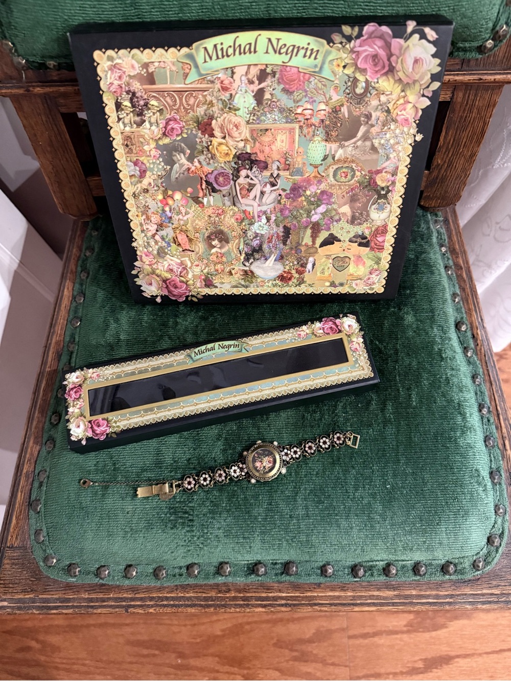 Michal Negrin Gold Bracelet with Pink and Green Floral Medallion